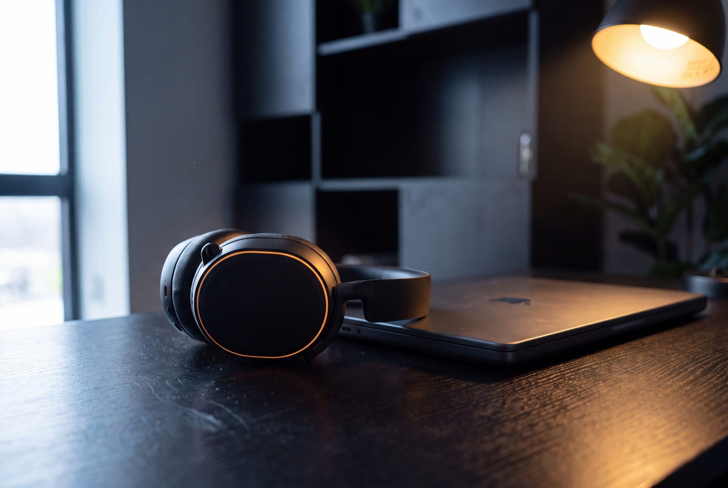 A modern wireless headset resting on a clean desk beside a closed laptop