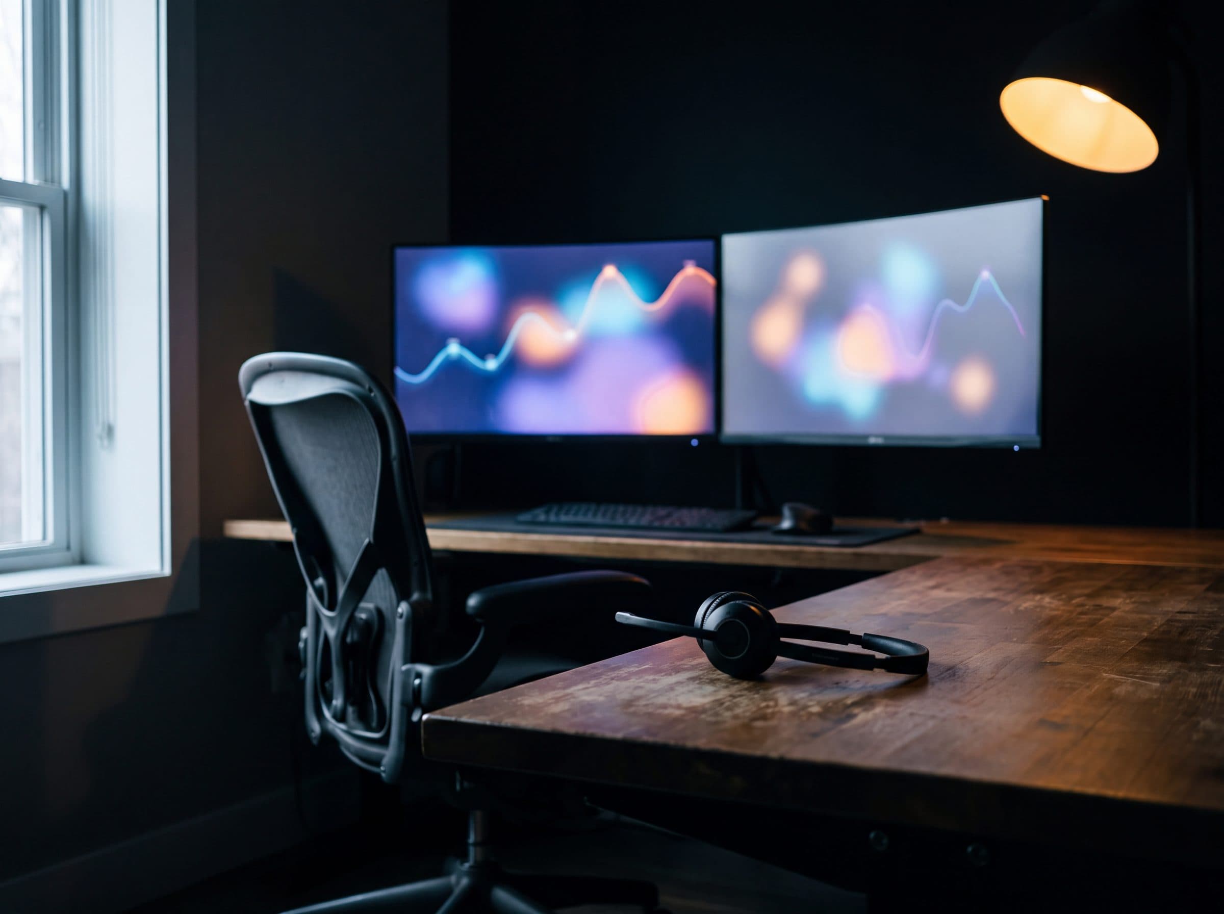 A modern dual-monitor workstation with a wireless headset resting on the desk