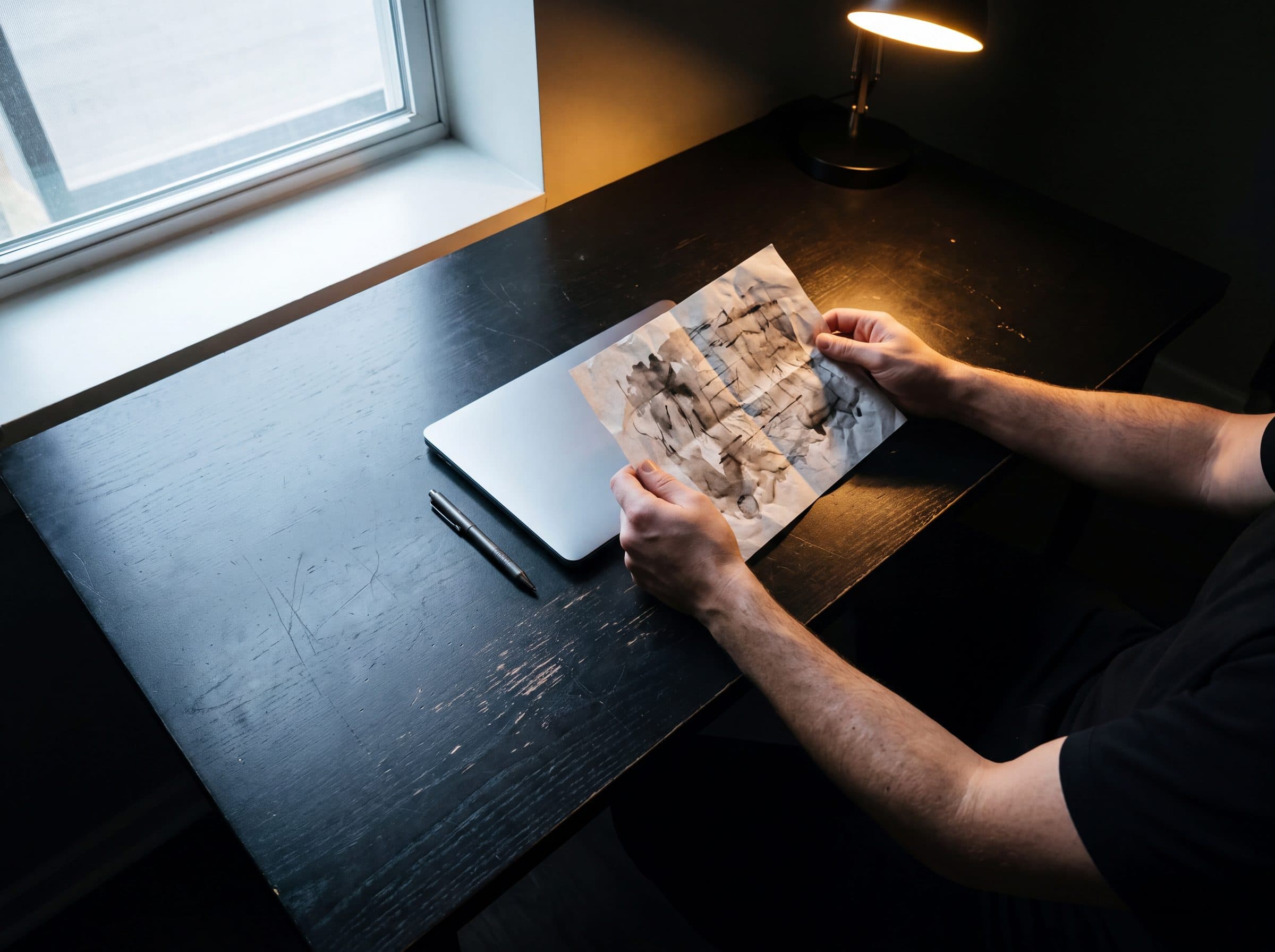 Hands reviewing a printed campaign document at a modern desk under an amber lamp